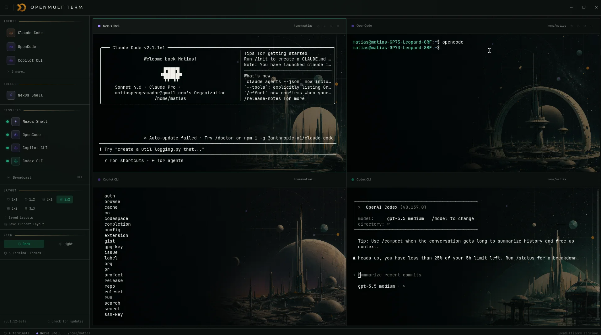 Interfaz de OpenMultiTerm con cuatro paneles de terminal